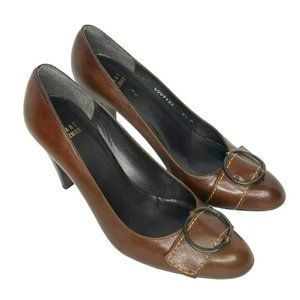 Stuart Weitzman Brown Leather Buckle Slip On Heels Pumps Shoes Size 8.5M